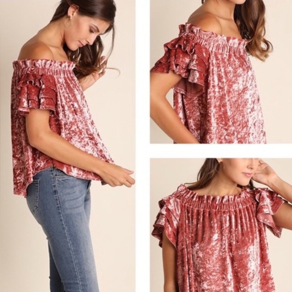 Umgee Tops - NEW Umgee Rose Gold Crushed Velvet Off My Shoulders Top LG Feminine